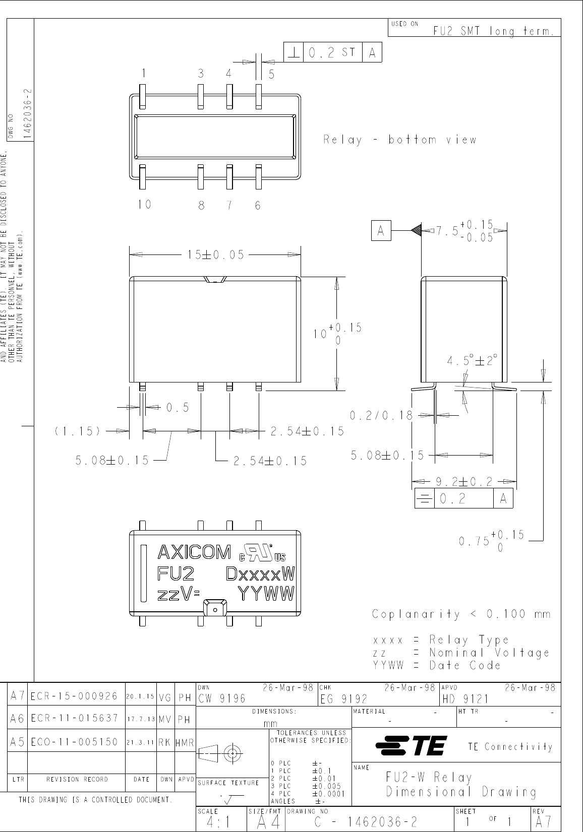 FU2Relay SMT W Drawing by TE Connectivity Potter & Brumfield Relays Datasheet DigiKey
