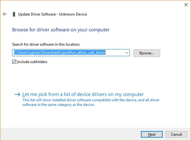 Click Browse > open the folder you just unzipped